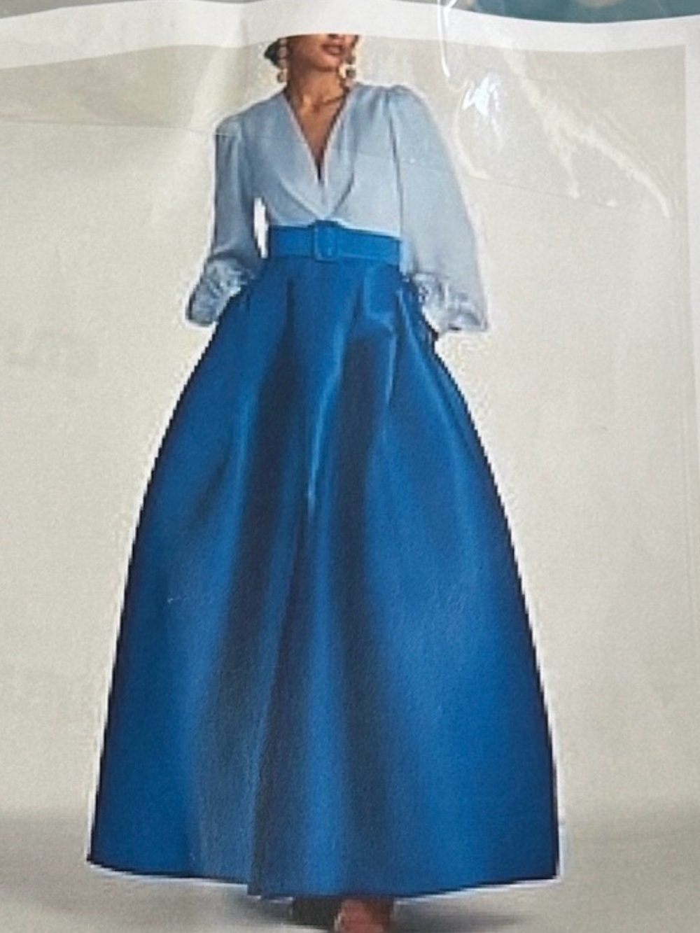 Ocean Blue A-Line Evening Gown with V-Neck and Satin Belt